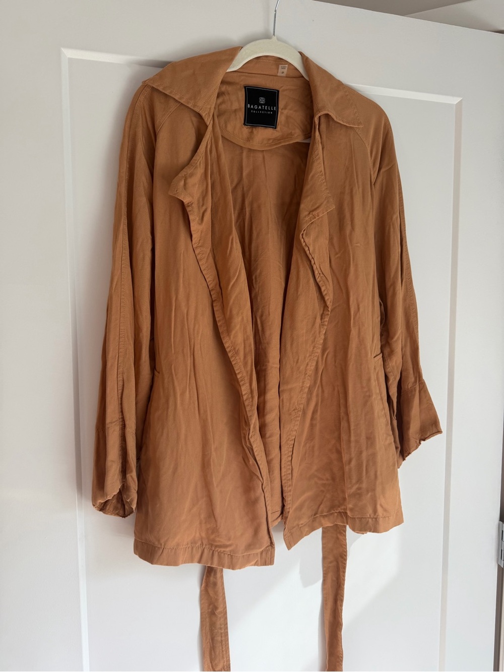 Bagatelle Collection Tan Open-Front Trench Jacket with Self-Tie